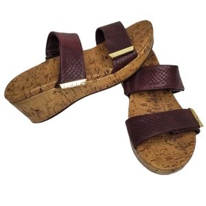 Vionic Cork Wedge Sandals in Burgundy with Gold Accents